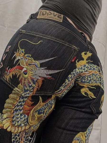 Y2K Vintage Navy Blue Jeans Men Women Harajuku Oriental Dragon Graphic Embroidery Denim Pants Gothic Straight Leg Trousers 260107