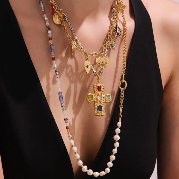 Amaiyllis Natural Freshwater Pearls Natural Stone Long Sweater Chain Colorful Zircon Cross Necklace Pendant Jewelry 260107