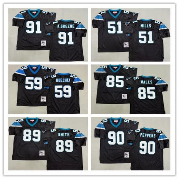 Mens Classic Vintage Football Jersey Luke Kuechly #59 Sam Mills Julius Peppers Steve Smith Kevin Greene Carolina Black Throwback Jersey