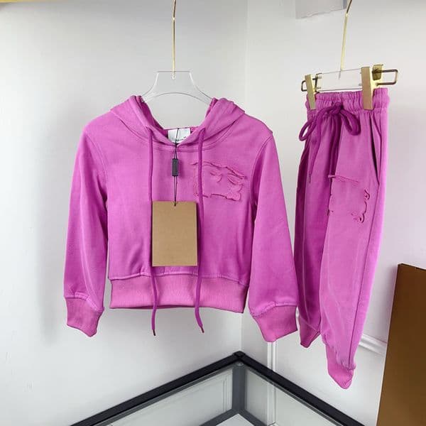 Fashion Girls Kids Tracksuits 80-130cm Embroidered T-shirts kid rose red hooded drawstring hoodie set ankle binding sportswear pure cotton