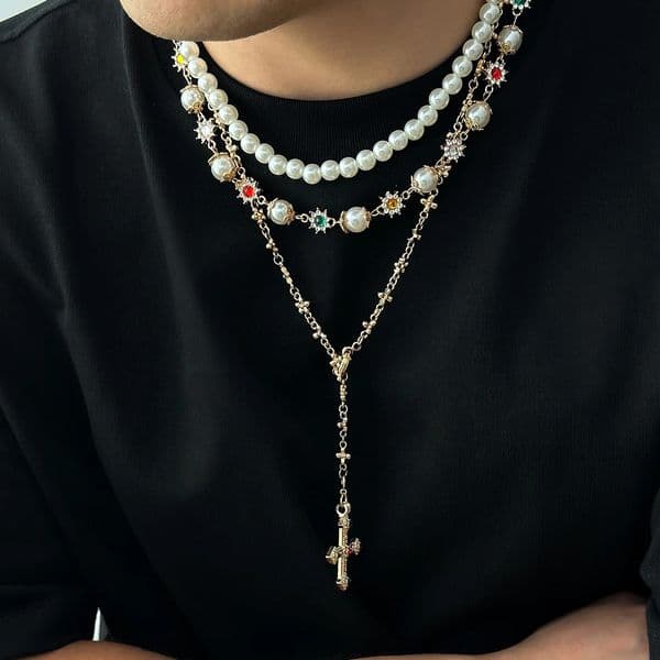 SHIXIN 3 Pcs Trendy Pearl Rhinestone Flower Long Tassel Necklace for Men Vintage Cross Pendant Necklace Neck Jewelry 260107