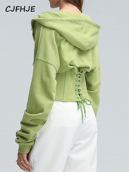 CJFHJE Women Bandage Corset Hoodie Spring Autumn Korean Fashion High Waist Tunic Lace Up Hooded Sweatshirt Tracksuit High Street 260109BJ