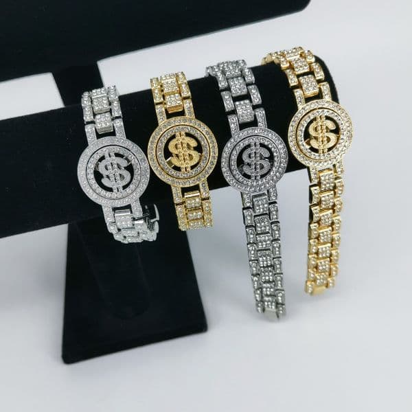 16mm Rotating Dollar Sign Bracelet Bling Alloy Cuban Link Chain Hip Hop Rap Style Multi Purpose Watch Chain Necklace Bracelet for Men Women