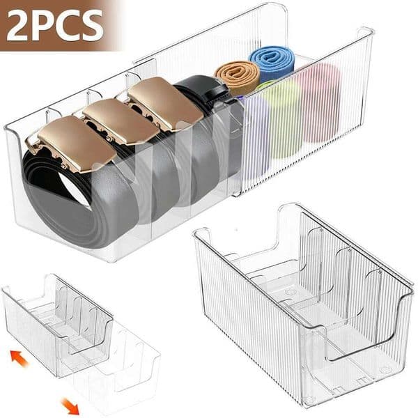 2Pcs Organizer Boxes PET Transparent Storage Holder with Removable Dividers 4 Grid Extendable Belt Container for Home 26Y0112