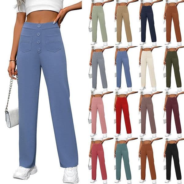 Women's Pants & Capris Spring/Autumn New Women's High-Waisted Wide-Leg Pants with Pockets, Casual Loose Straight-Leg Trousers