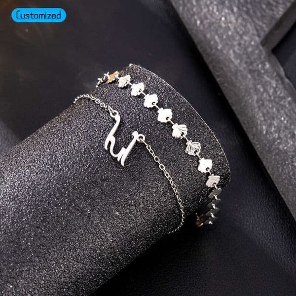 POD Customized Set of 2: Stainless Steel Customizable Laser-Cut Hebrew Shell-Shaped Element Bracelet Set