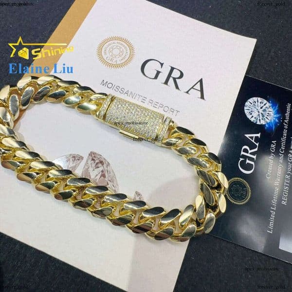 Fashion IGI Sterling Silver 925 VVS Moissanite Lab Diamond Clasp Hip Hop Jewelry 14K Real Gold Plated Cuban Link Chain Bracelet