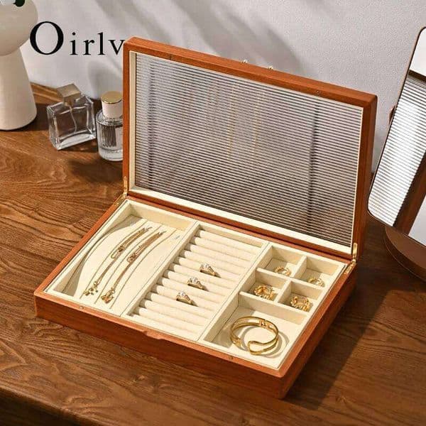 Oirlv Solid Wood Ring Earring Storage Necklace Bracelet Multifunctional Display Jewelry Organizer Box 26L0112
