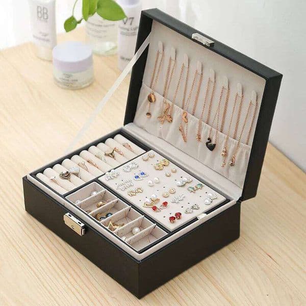 Double-layer Wooden Jewlery Ring Box Boxes Packaging with PU Leather Jewelry Storage Organizer and Makeup Case 26Y0112