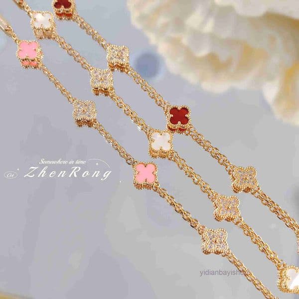 clover bracelet vanly cleef jewelry Mini Four-Leaf Clover Red Agate Bracelet V Gold Pink Quartz Diamond Lucky Clover White Mother-of-Pearl Bracelet for Women