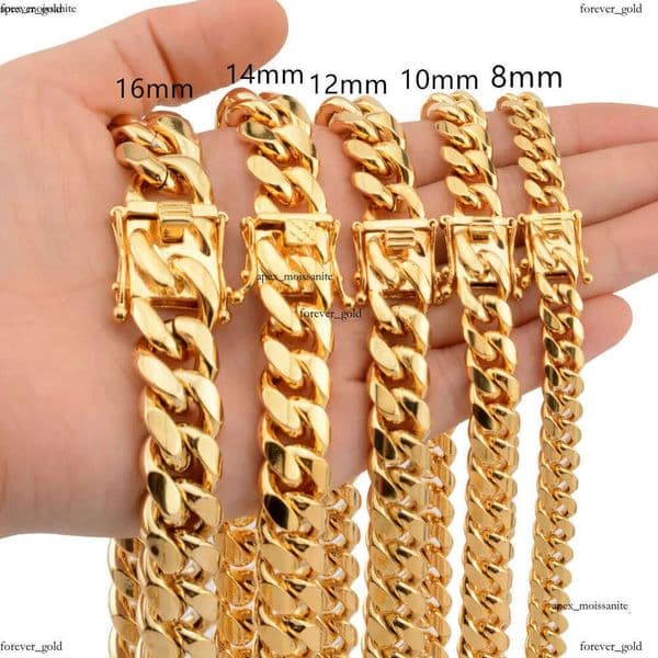 8mm/10mm/12mm/14mm/16mm Miami Cuban Link Stainless Steel IGI Mens 14K Gold Chains High Polished Punk Curb Necklaces 2c