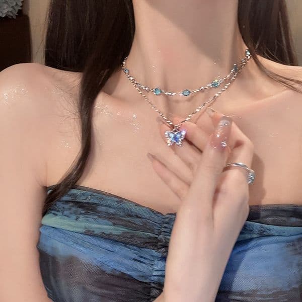 Designer Necklace Women's Double Layer Butterfly Choker Dainty Trendy Luxury Unique Jewelry Gift for Her Collar Neck Accessory