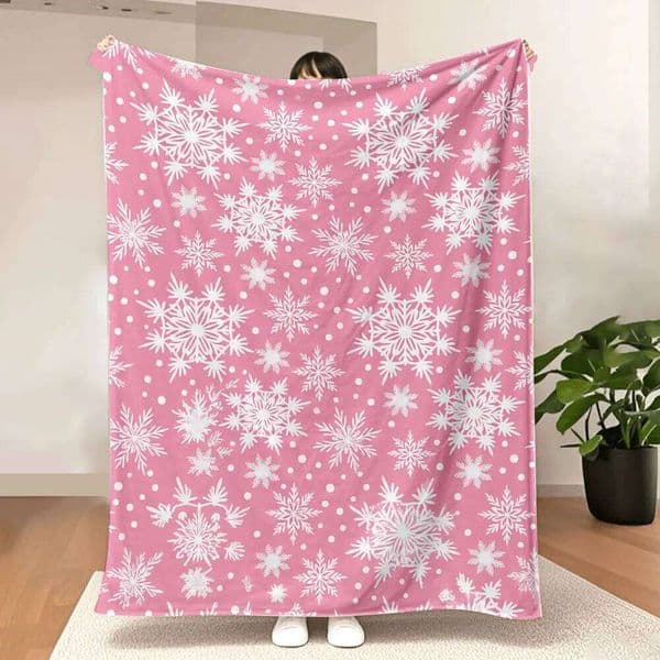 Pink Winter Snowflake Blanket - Soft Cosy Printed Throw with White Snowflakes & Dots, Festive Whimsical Design for Seasonal D XJ260112