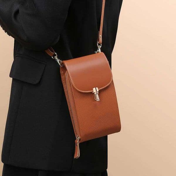Genuine Leather Phone Crossbody Bag, Shoulder Bag With 8 Card Slots ID Evidence Slot Zipper Pocket, Lychee Patterned Cowh JINXIANGGUO