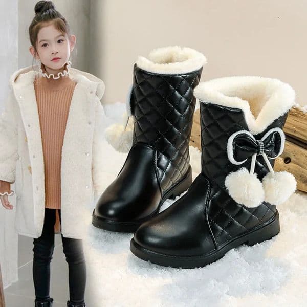 2025 Winter Fashion Children Princess Boots Waterproof Girls Warm Boots with Bow Kids Snow Boots with Fur Plush 260109