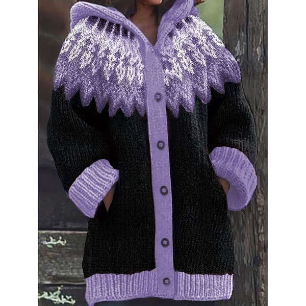 Women coat Elegant Winter Hooded Cardigan Soft Thick Pullover Sweater Cozy Casual Open Front Jacket Purple Color Block For Fall Winter