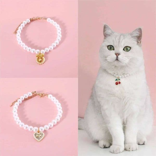 Kitten Princess Style Collars Imitation Pearl Cherry Love Bow Pendant Necklace Cat Puppy Birthday Cute Collar 26W0112