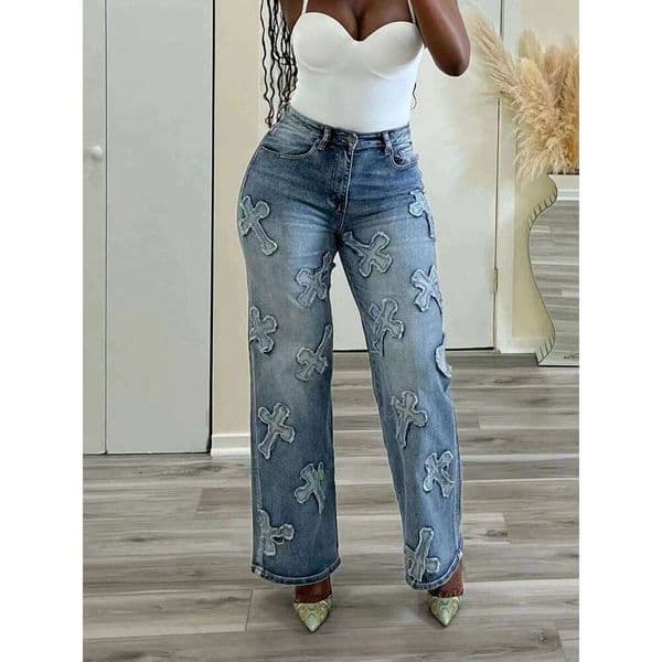 Women's Fashion Spring and Autumn New Vintage Washed Denim Tassel Cross Hip-hop Straight Leg 9-inch Pants H260110