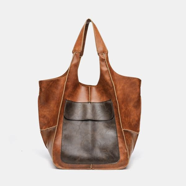 Retro Tote Bag Soft Leather Large Capacity Shoulder Bag Versatile Patchwork Handbag