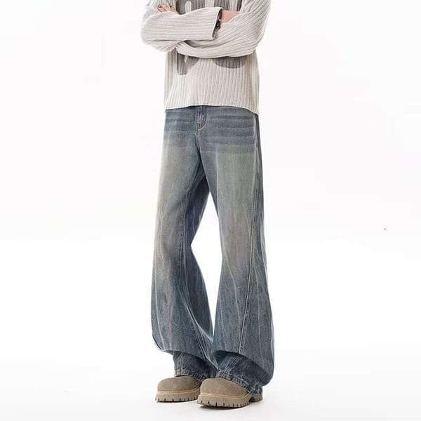 Washed Lightning Pattern Blue Jeans for Men, Spring and Autumn New American High Street Casual Slightly Flared Draped Versatile Pants