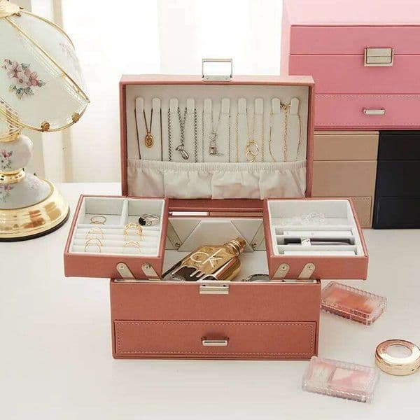 Three Drawer Handheld Earring Ring Necklace Storage PU Leather Jewellery Display Box With Security Key Lock 26Y0112