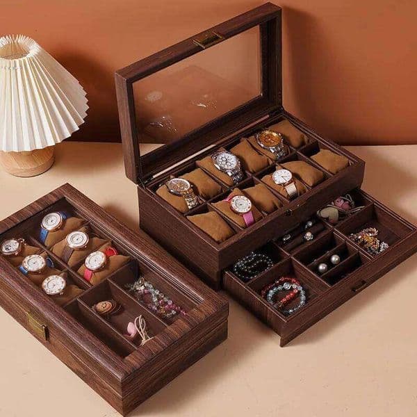 DELESYS Multi-layer large capacity vintage wood grain leather exquisite dust-proof watch jewelry double collection storage box 26Y0112