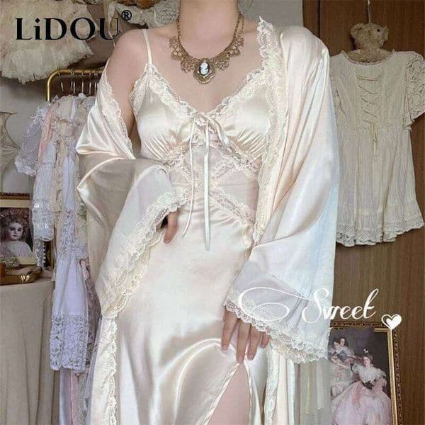 Spring Summer Sexy Lace Patchwork V-neck Nightgown Women Skin-friendly Slip Robe Set Lady Slit Sleepwear Home Wear Loungewear 26W0112