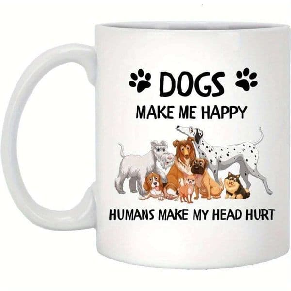Ceramic Dog Lovers Mug Insulated Reusable Coffee Cup with "Dogs Make Me Happy" Design - Machine Washable Multipurpose Gift for 26Y0112