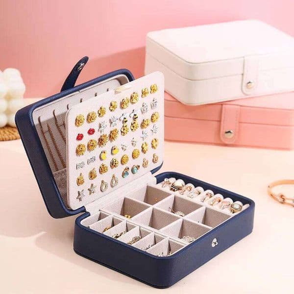 Spot new leather portable double layer simple earrings ring jewelry storage box 26Y0112