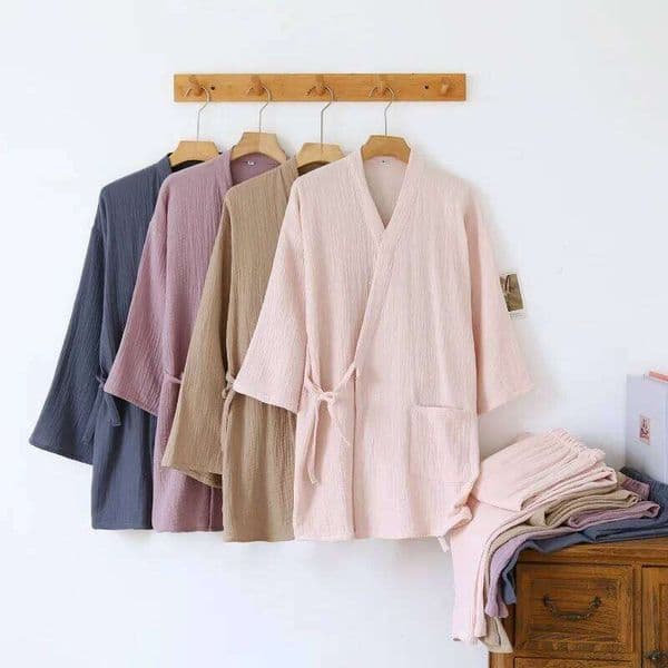 2026 New Couple Japanese Kimono Set 100% Cotton Crepe Cloth Men's Women's Spring and Autumn Simple Solid Color Home Clothes 26W0112