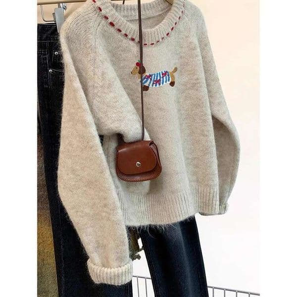 Korean Age-Reducing Preppy Style Dachshund Embroidery Pattern Pullover Sweater Women Autumn Winter New Loose Versatile Knitwear