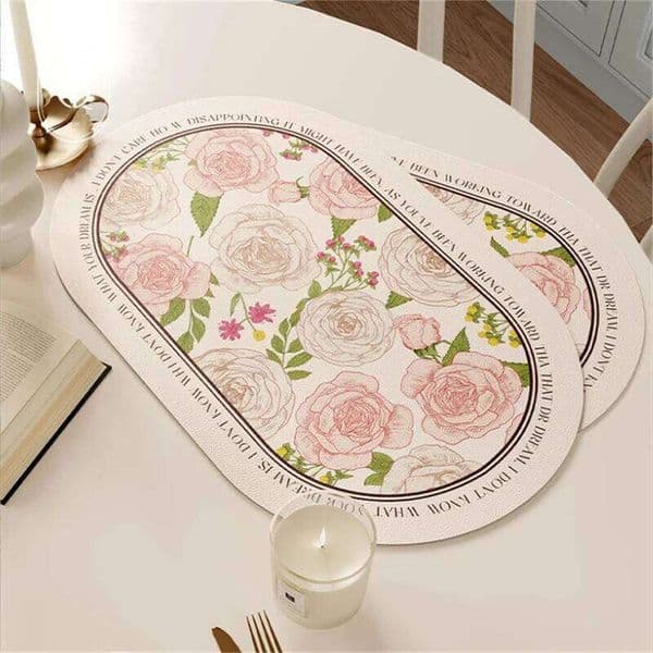1PCS 30x40cm American PU Leather Oval Placemat Waterproof Oil Resistant Pink Flower High-End Insulation Table Mat for Home Use