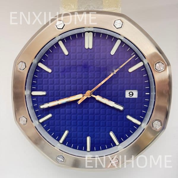 NEW Metal Wall Clock Luxury Wall Watch with Calendar Date Blue Dial Contemporary Modern Big Watch Ultra Silent Quartz Reloj De Pared Home Office Decoration
