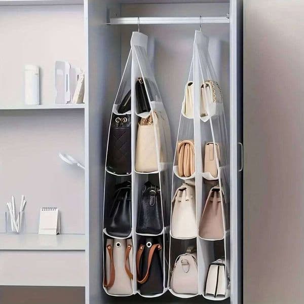 6/8-layer multi-tier organizer, space-saving wardrobe storage, dust-proof handbag holder with convenient hanging design 26Y0113