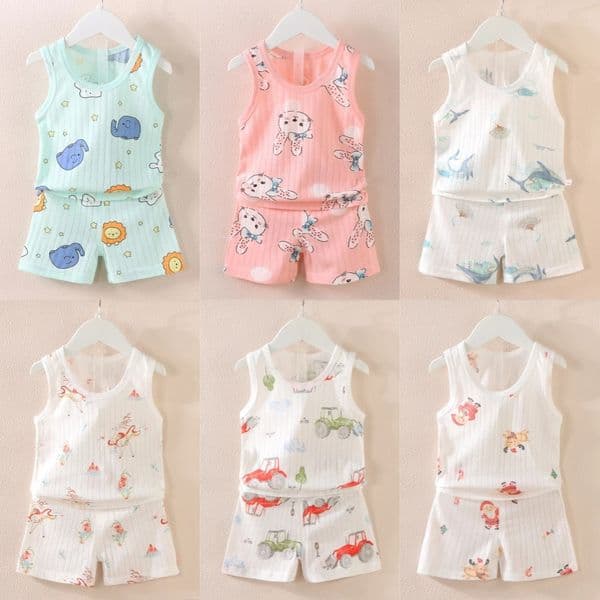 2025 Children Clothes Set Summer Boys Girls Cartoon Thin Style Sleeveless Vest Shorts Baby Pajamas 260112