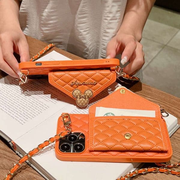 Fashion Quilted Leather iPhone Case with Doll Card Slot & Crossbody Chain, Compatible with iPhone 16 Pro Max/15 Pro
