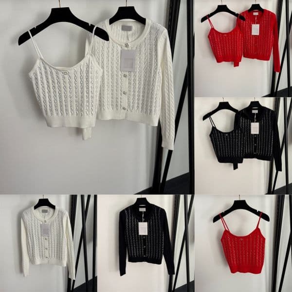 Women Sexy Rhinestone Vest Cardigan 2PCS Designer Chic Cropped Cami Top Party Single Breasted Knit Coat