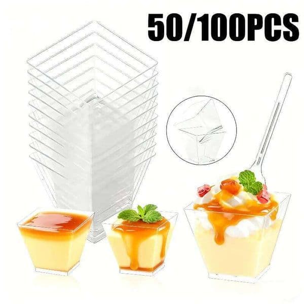 50/100PCS 2oz Transparent Ladder Shaped Dessert Cups Party Birthday Kitchen Baking Fruit Ice Cream Plastic Food Container 26W0113