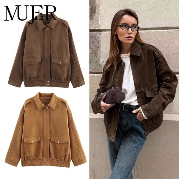 MUJER 2025 Bomber Jackets for Women Outerwears Suede Jacket Women Streetwear Holiday Women Coats Zipper in Coats and Jackets 260112