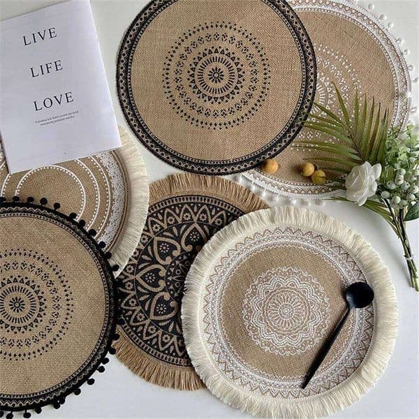 Vintage Pastoral Round Cotton Linen Handwoven Jute Tassels Placemats Soft Non-slip Table Pads Vase Mats Accessories 26Y0113