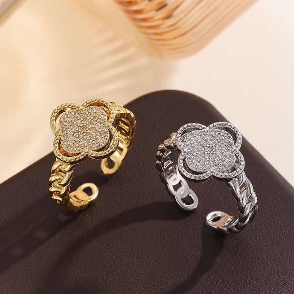 Designer for Women High-Quality Paved Zircon Four-Leaf Clover Korean Style Chain Open Index Finger Ring Daily Wear Fashion Jewelry