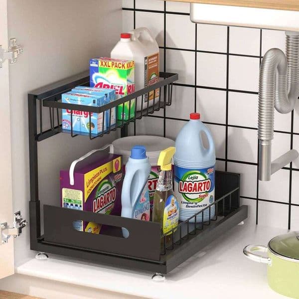 2-tier Under Sink Organizer,Ajustable Sliding Cabinet Basket,Kitchen Storage Rack with suction cups,Pull out Cab 26Y0113