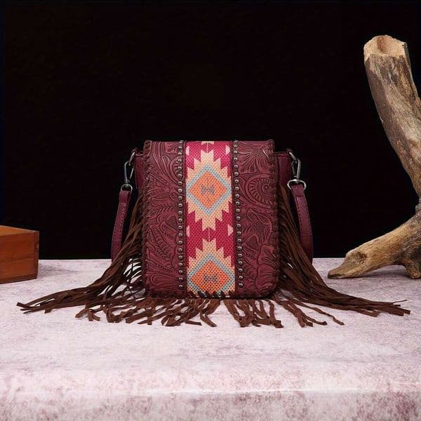 JINXIANGGUO Bohemian Style Studded Woven Patchwork Vintage Crossbody Bag With Casual D Printing And Tassels