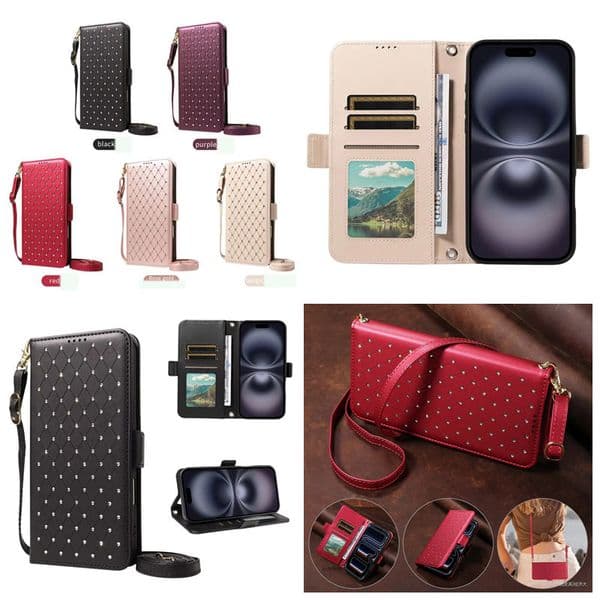 Bling Diamond PU Leather Wallet Cases For Iphone 17 Air 16 15 Plus 14 Pro Max 13 12 11 X XR XS 6 7 8 Luxury Business Credit Card Slot ID Pocket Rhinestone Flip