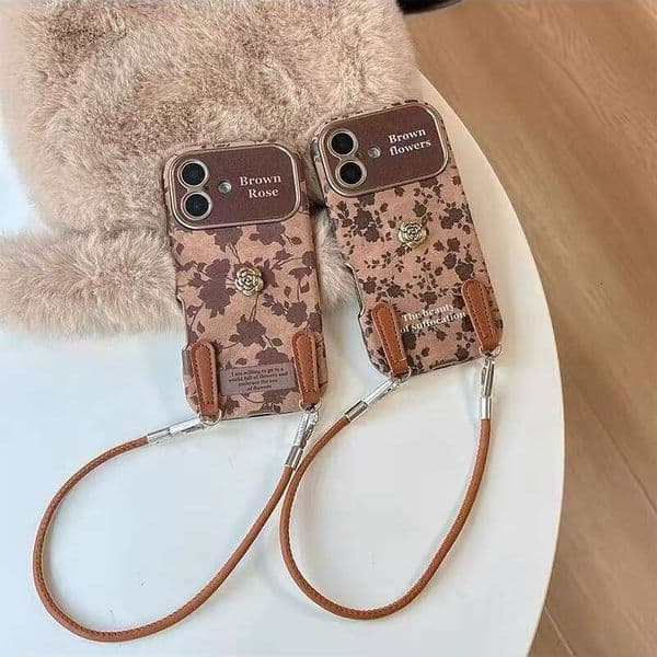 Vintage Floral iPhone Case with 3D Camellia & Wrist Strap, Large Window Design Autumn Winter Cover Compatible with iPhone 17 Pro Max/16/14 Pro/13