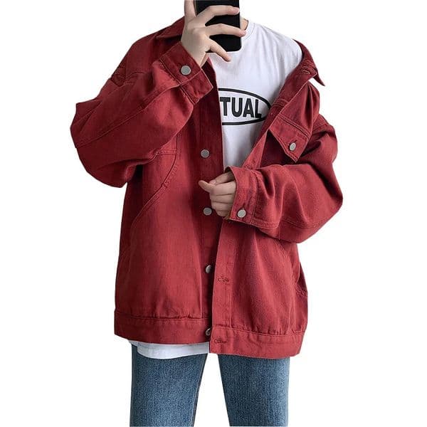 Steetwear Red Mens Jean Jackets Turn Down Collar Multipockets Denim Coats Overalls Loose Casual Men Clothing Outwear 260113