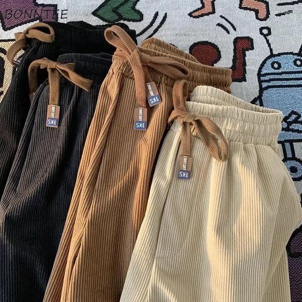 Mens Pants Corduroy Men Loose Casual Solid Cozy Joggers Trousers All-match Handsome Korean Fashion Students Daily Soft Autumn Winter
