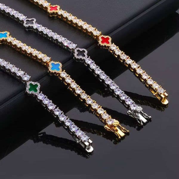 VVS Moissanite NUOYA Women White Gold Plated Tennis Choker Necklace Four Leaf Clover Pendant Iced Out CZ Chain Fine Hiphop Jewelry