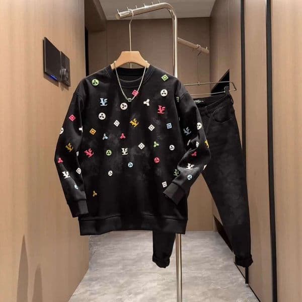 Men's Sweatshirt 2025 Autumn New Full Old Flower Foam Print Long Sleeve T-Shirt Light Luxury Versatile Base Shirt