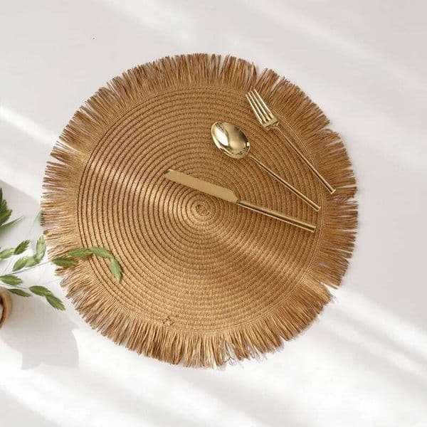 Round Braided Placemats Fringe Paper Hand Woven Non-slip Insulation Place Mats Tea Cup Pad Dining Table Decorations 26L0113